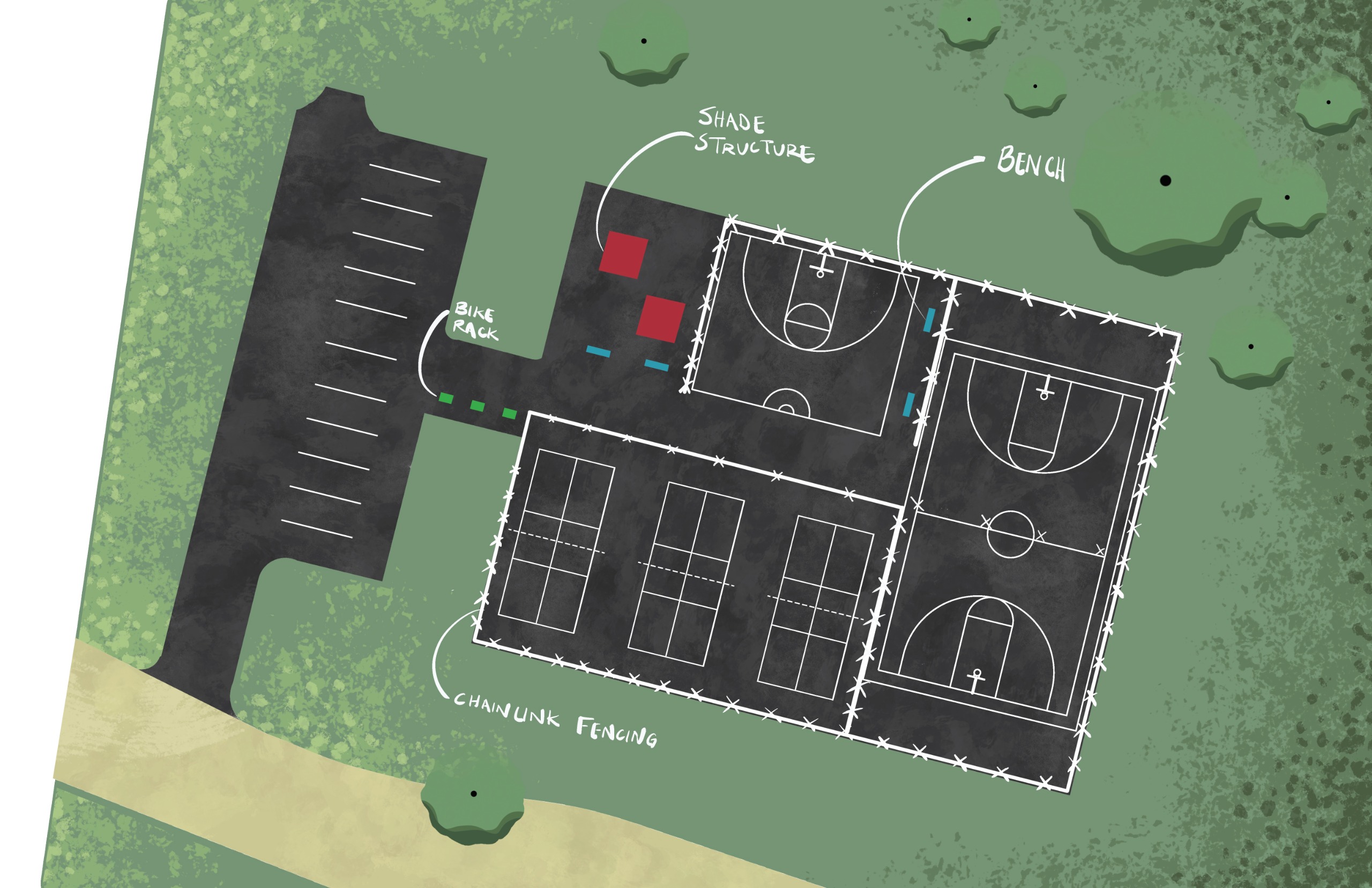 Rendering of design concept #3, which includes 3 pickleball courts, 1 full basketball court, and 1 half basketball court with lowered net for accessibility