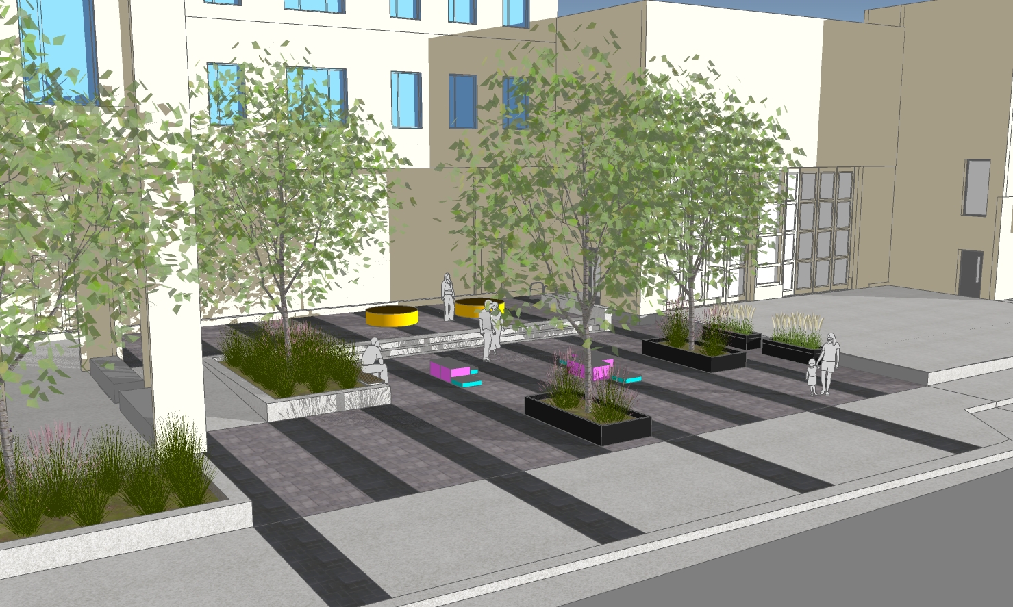 Rendering of the urban plaza from an alternate angle, highlighting tree-lined gathering areas, raised concrete planters, decorative paving patterns, and flexible seating. The design combines shaded seating, landscaping, and open pedestrian space to create a welcoming community plaza.