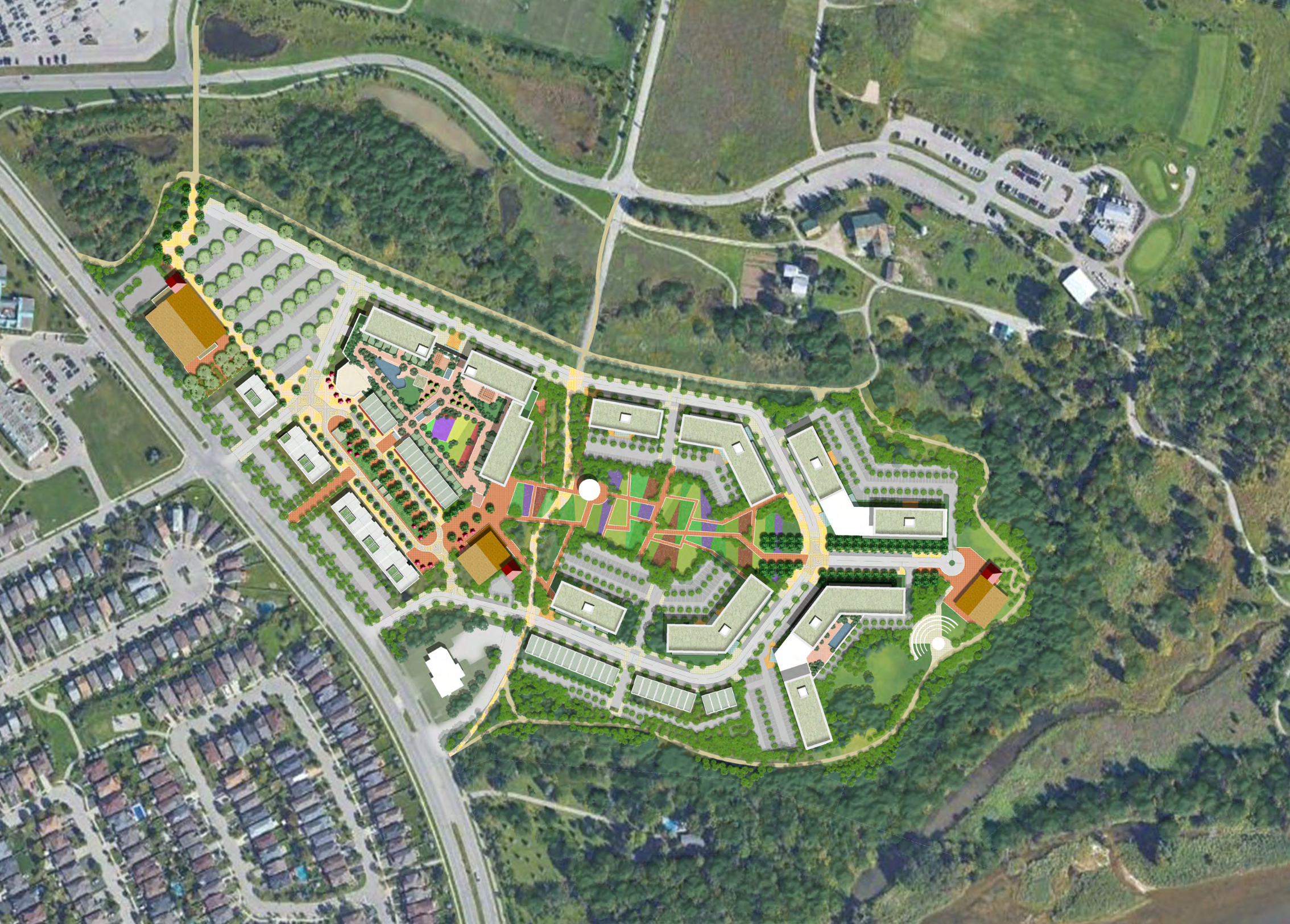 Aerial view of Former Kraus Lands in Waterloo with proposed developments