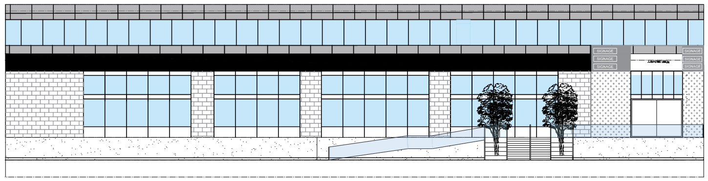 Rendering of a two story building with a ramp and windows across the facade