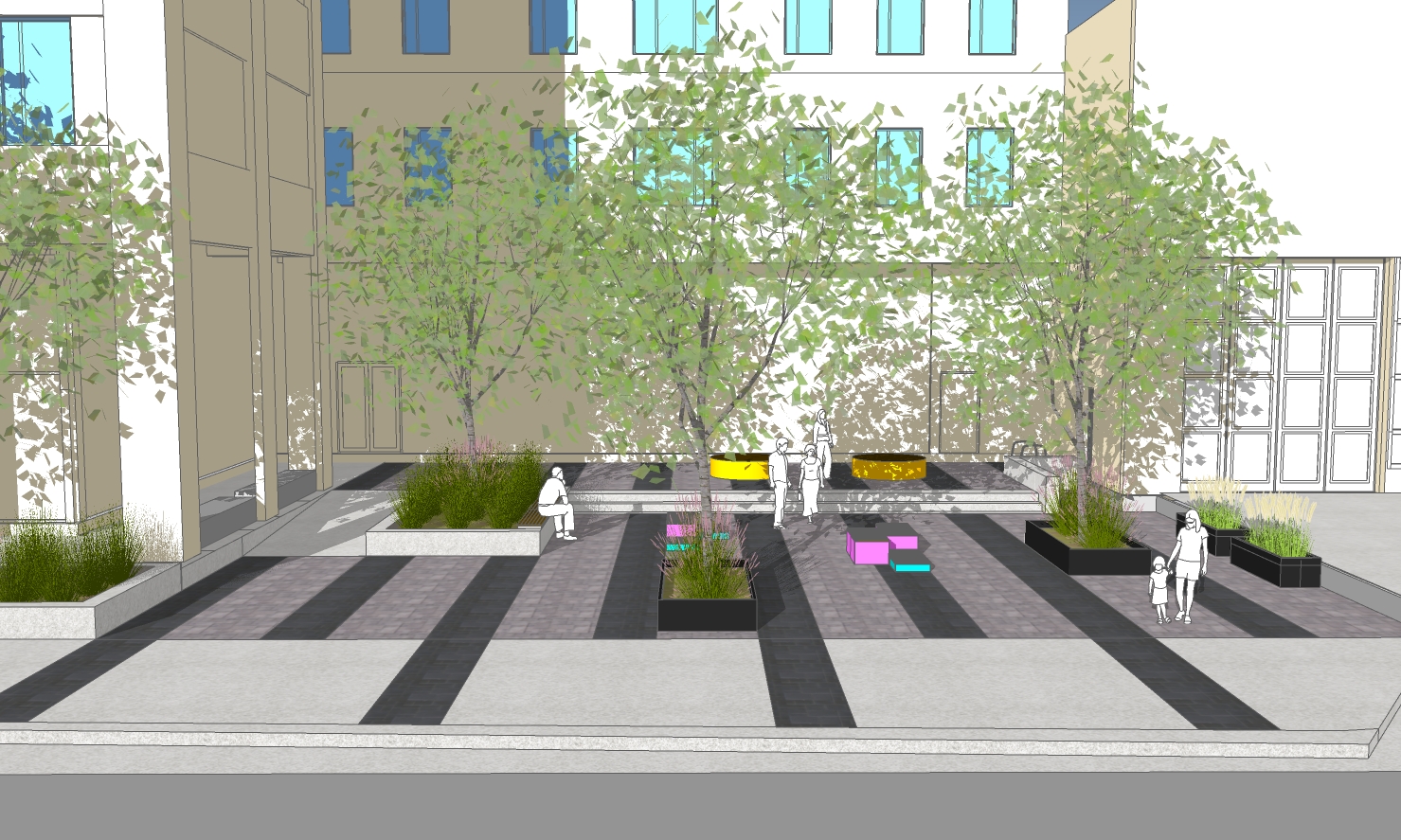 Close-up rendering of the proposed plaza highlighting raised planters, ornamental grasses, shade trees, and playful modular seating in bright colours. The plaza includes flexible gathering areas, accessible walkways, and a mix of natural and urban design elements.