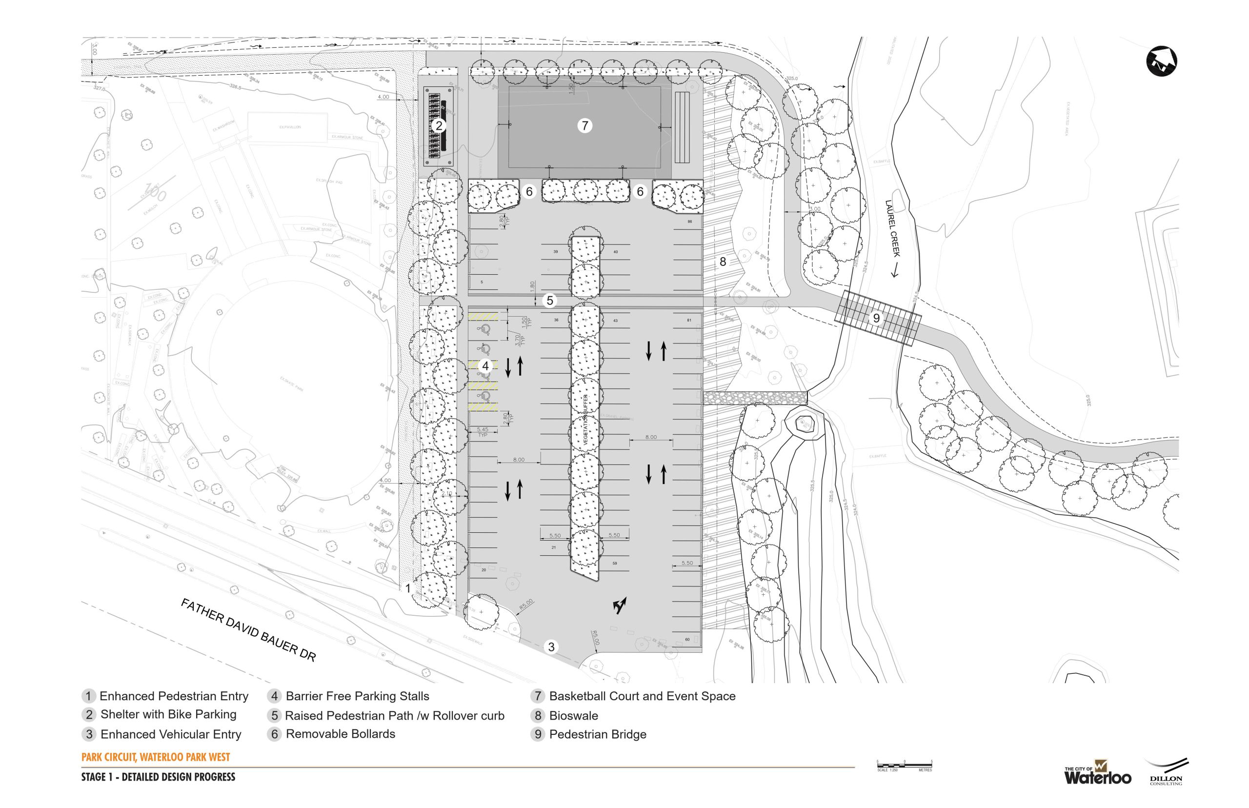 Detailed design of the enhanced Bauer Lot, with enhanced vehicle entry from Father David Bauer Drive, two way travel and painted lines for parking, barrier-free parkin stalls near a raised pedestrian path with rollover curve which cuts through the lot to connect the edge of the play area with the trail and new pedestrian bridge over Laurel Creek. Also suggested are a shelter with bike parking, basketball court and event space with removable bollards between this area and the parking lot, and a bioswale (a vegetated or mulched area for directing stormwater runoff).