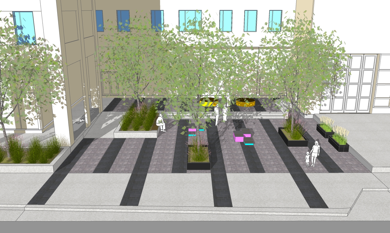 Rendering of the urban plaza from a closer viewpoint, showing shaded seating areas beneath trees, colourful modular seating, raised planters, and open pedestrian space. The design combines landscaping, seating, and paved gathering areas to support social interaction and community use.