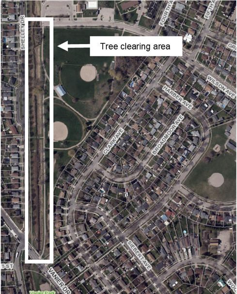 Map showing the tree clearing area beside the creek, which runs parallel to Shelley Drive.