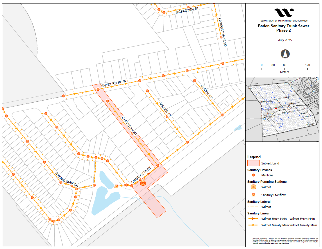 A map of the construction work planned in Phase 2 of the Baden Trunk Sanitary Sewer Project