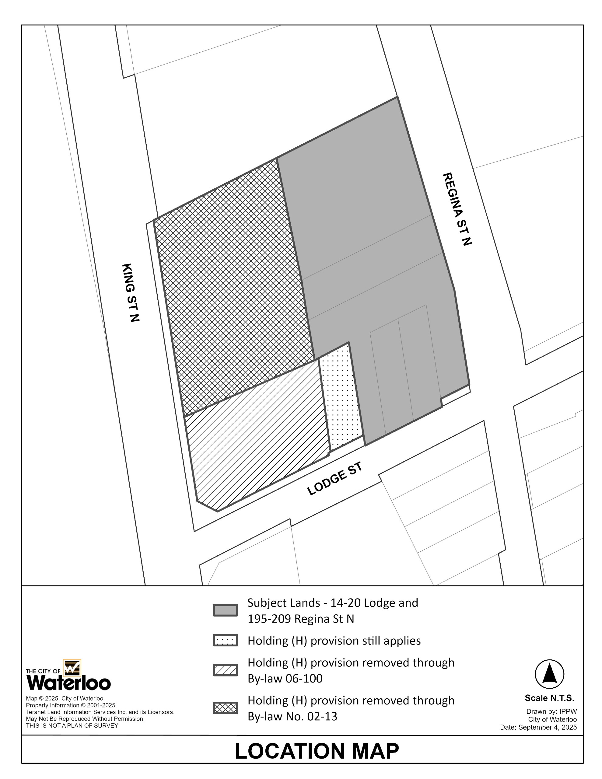 Location map showing the subject property of 14-20 Lodge Street and 195-209 Regina Street North