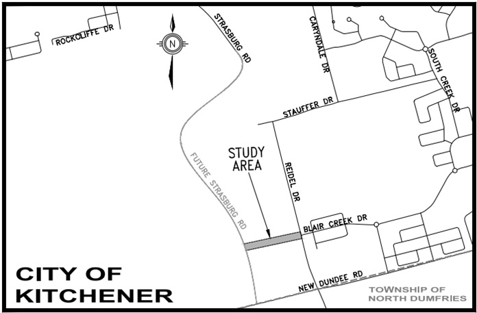 Map showing the study area location between Reidel Drive and the future Strasburg Road