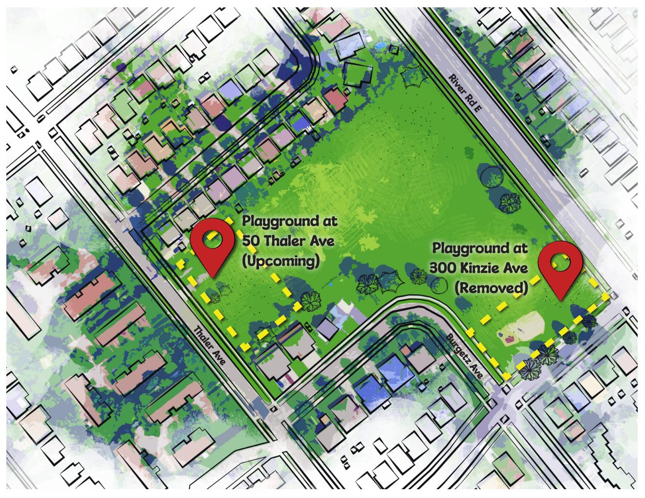 Map of the new playground location at 50 Thaler Avenue