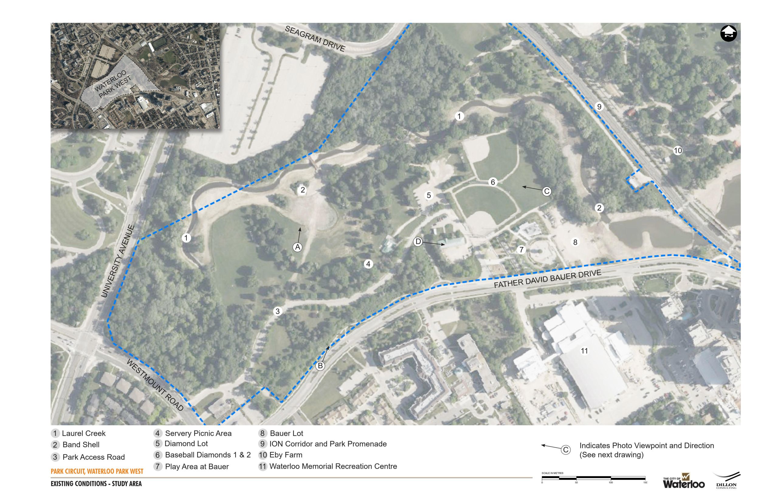 Map of Waterloo Park West boundary, indicating Laurel Creek, Band Shell, Park Access Road from Westmount Road, Servery Picnic Area, Diamond parking lot, Baseball Diamonds 1 and 2, Play Area on Father David Bauer Drive, Bauer parking lot, ION corridor and park promenade, Eby Farm, and Waterloo Memorial Recreation Centre for reference. Four spots are also indicated as photo viewpoints A, B, C and D as described in the next series of images.