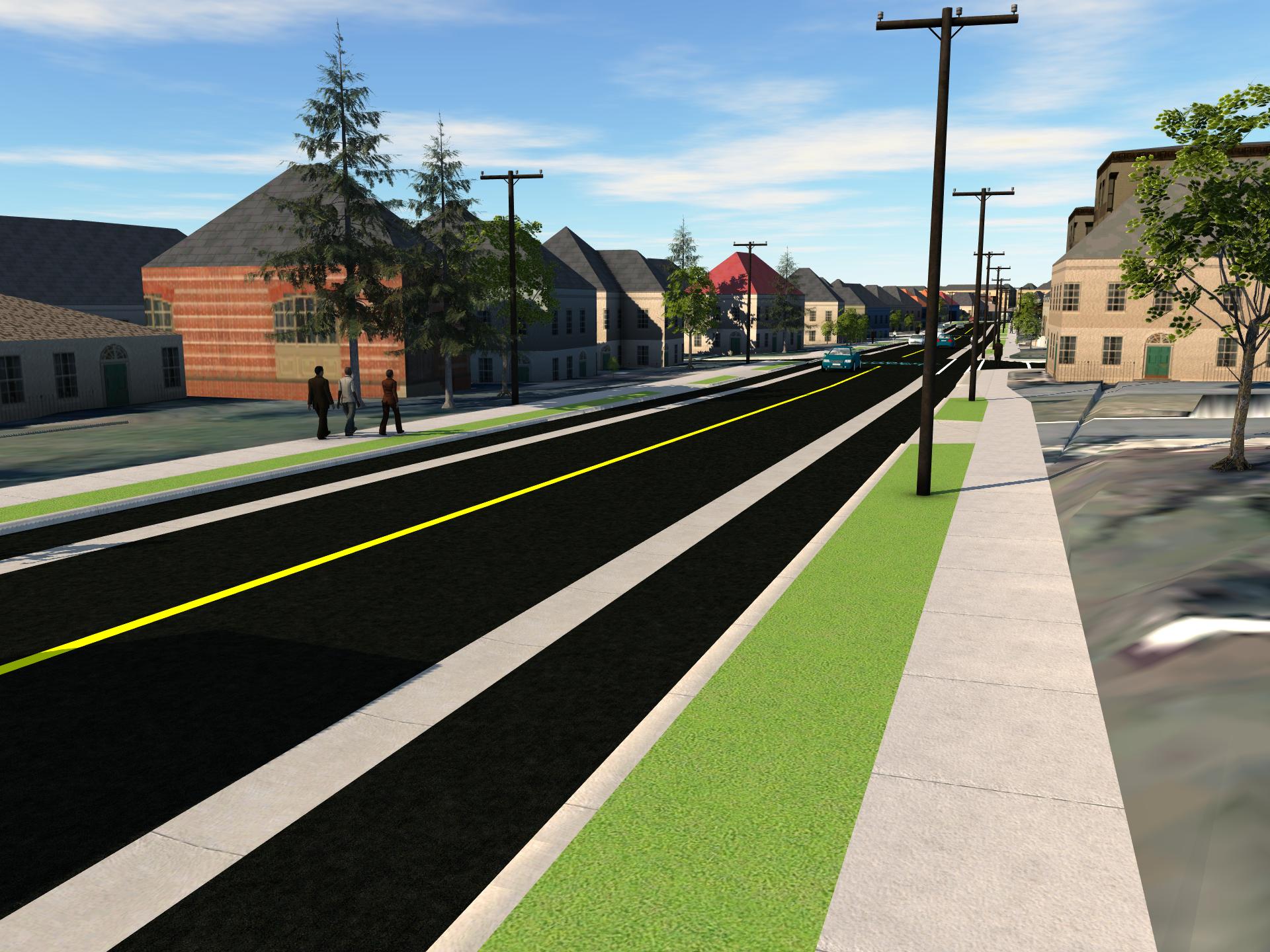Graphic showing a two-lane road, with separated cycle tracks, grass boulevard and sidewalk on either side.