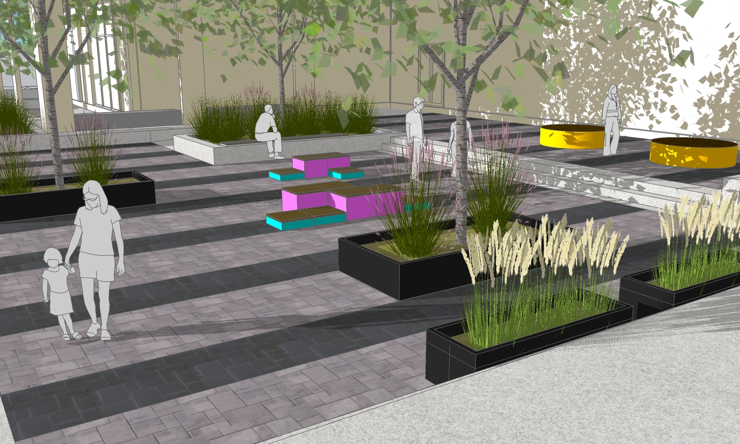 Conceptual rendering of a proposed urban plaza featuring patterned paving, mature shade trees, raised planting areas, and a variety of seating options. The plaza includes colourful modular seating, raised planters with ornamental grasses, and circular seating elements arranged beneath trees to create gathering spaces.