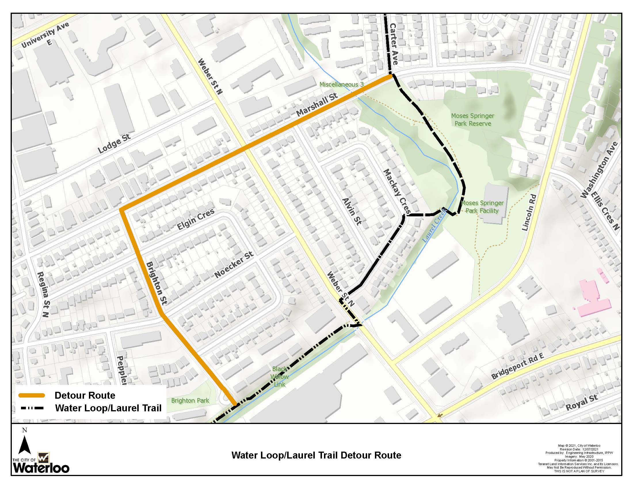 Map showing Mackay Crescent, and the Water Loop/Laurel Trail detour, marked along Marshall and Brighton Streets.