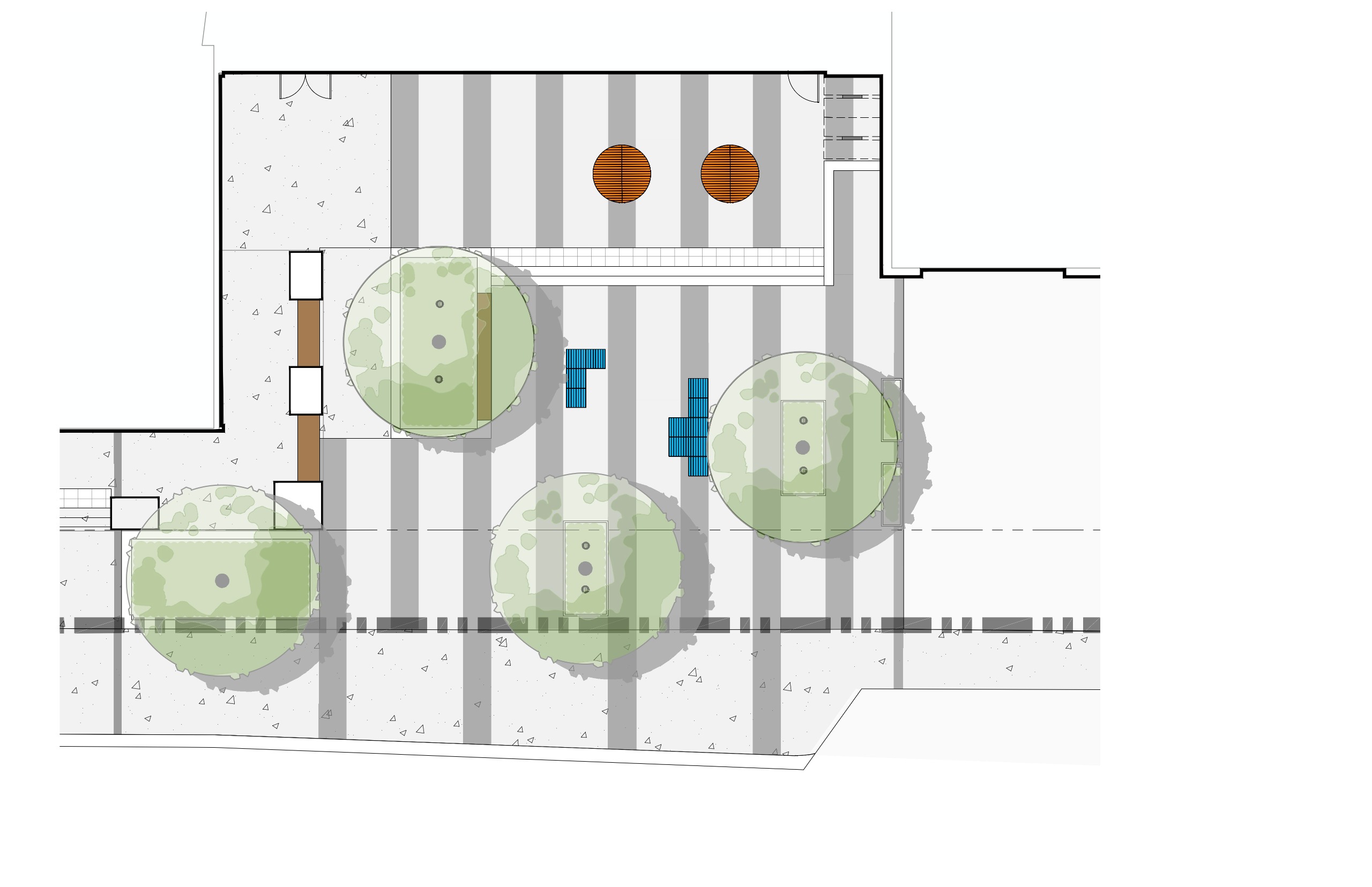Top-down plan view of a proposed urban plaza. The plaza features a striped paved surface with four large trees spaced throughout the space. Seating areas are located beneath the trees, with several clusters of blue benches placed between them. A walkway c