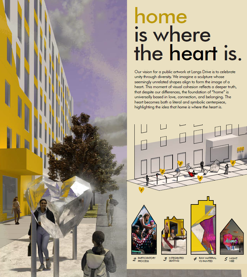 image of the Langs Drive building rendering with the chosen public art piece on the outside which is an art shaped tunnel