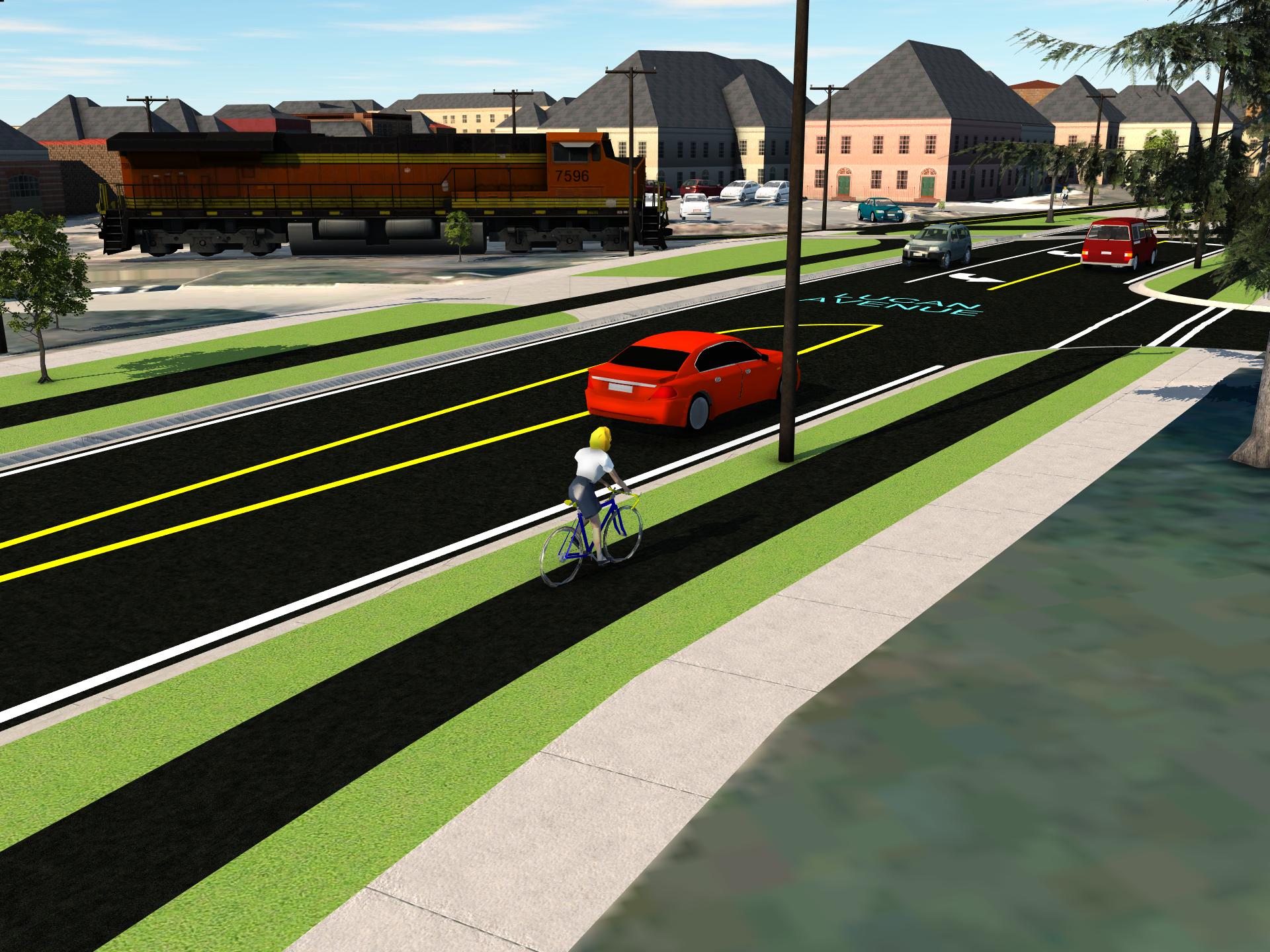 Graphic showing a two-lane road, with grass boulevard, cycle track, another grass boulevard and sidewalk on either side.
