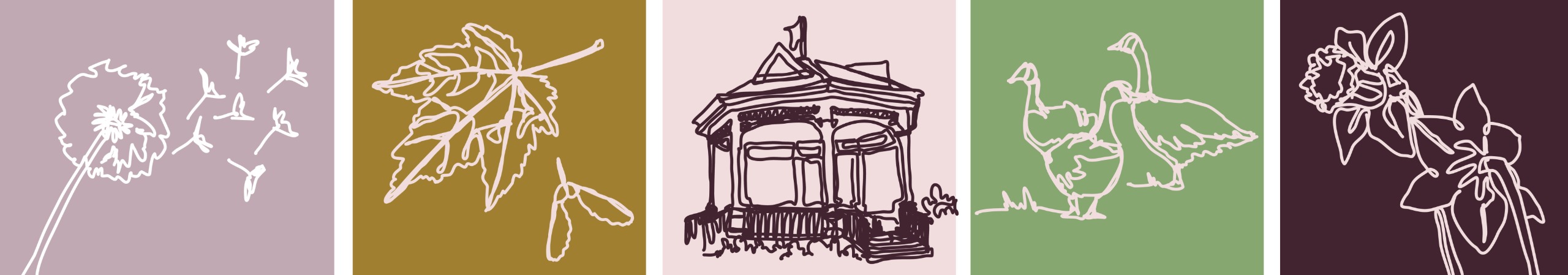 Stylized banner in green, gold and pink with a dandelion, maple leaf and key, the Victoria Park bandstand, a trio of Canada geese, and two daffodils