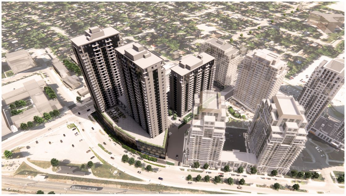 Rendering of the proposed buildings on site showing a multi-tower complex with public spaces.