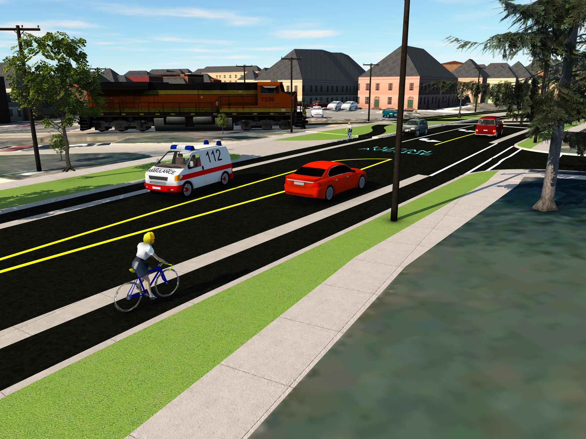 Graphic showing a two-lane road, with separated cycle tracks, grass boulevard and sidewalk on either side.