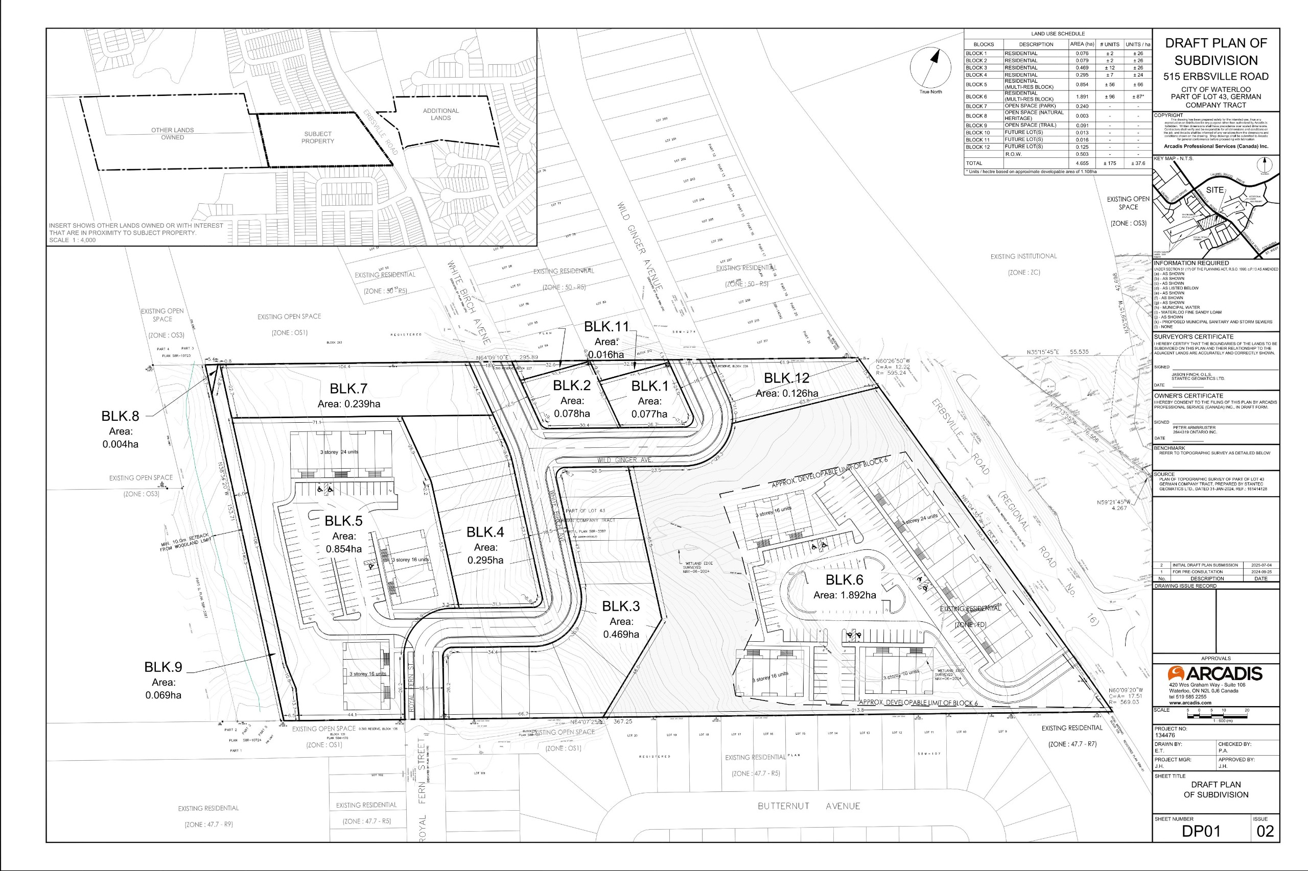 An image of a plan of subdivision with blocks for residential uses, parkland, trail, and new roads