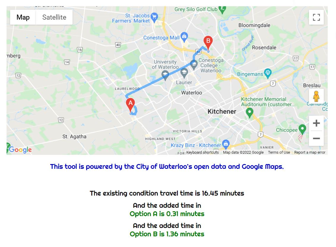 Map showing the drive from Edna Staebler Public School (450 Bernay Drive) to Sandowne Public School (265 Sandowne Drive) takes about 16.45 minutes (or 16 minutes, 27 seconds). According to the estimated travel time tool, Option A would increase the travel time by 0.31 minutes (or 19 seconds), and Option B would increase the travel time by 1.36 minutes (or 1 minute, 26 seconds). 