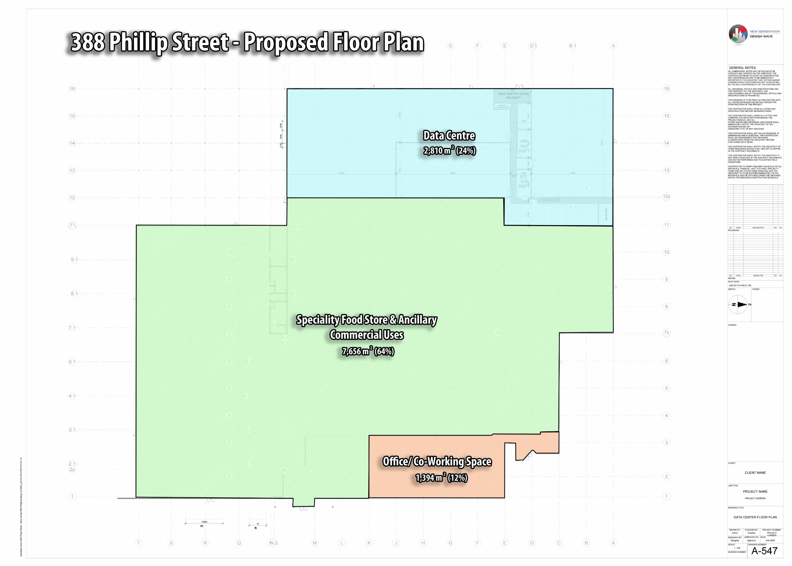 An image showing the proposed building floor plan, with a food store, a data centre, and office space.