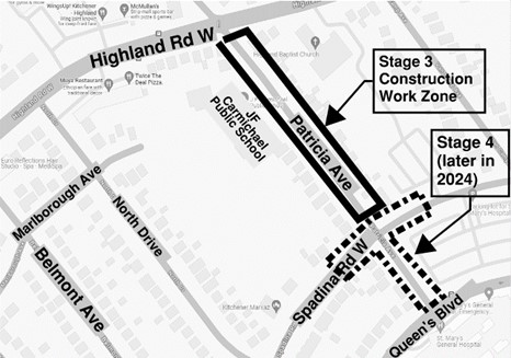Map of work area, showing stage 3 between Highland and Spadina, and stage 4 between Spadina and Queen's