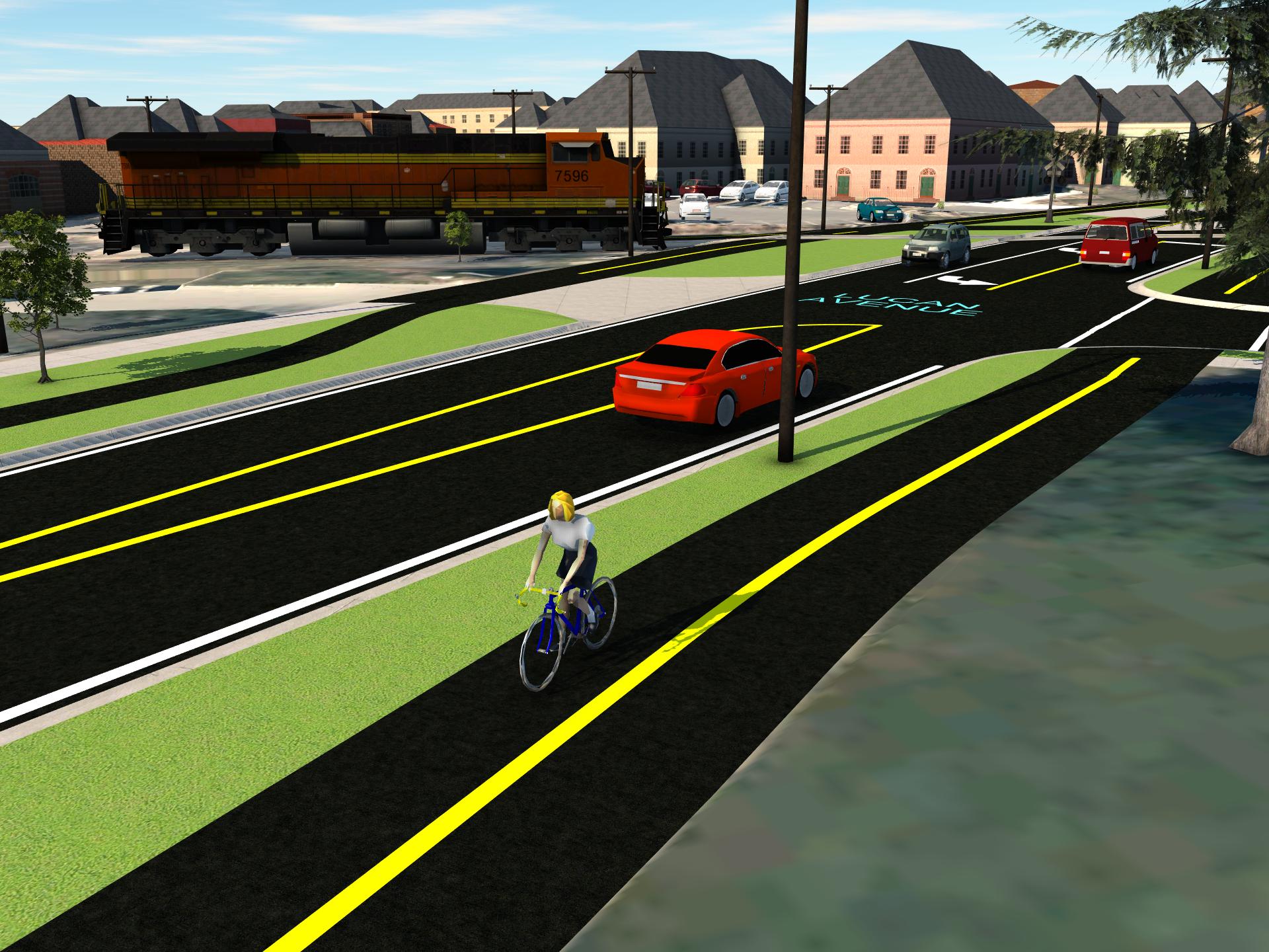 Graphic showing a two-lane road, with grass boulevard and multi-use two-directional trail on either side.