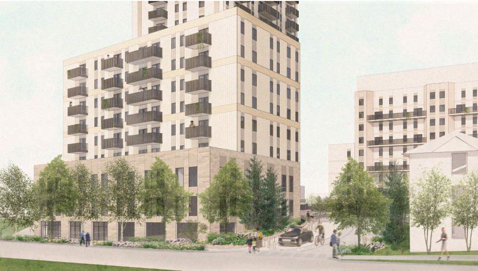 Rendering illustration of the future completed project at Mooregate Crescent. A multi-residential building with several storeys, trees surround the ground floor. People are walking around the exterior of the building.