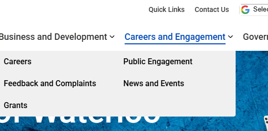 Screenshot of main navigation with heading, 'Careers and Engagement' underlined and coloured blue 