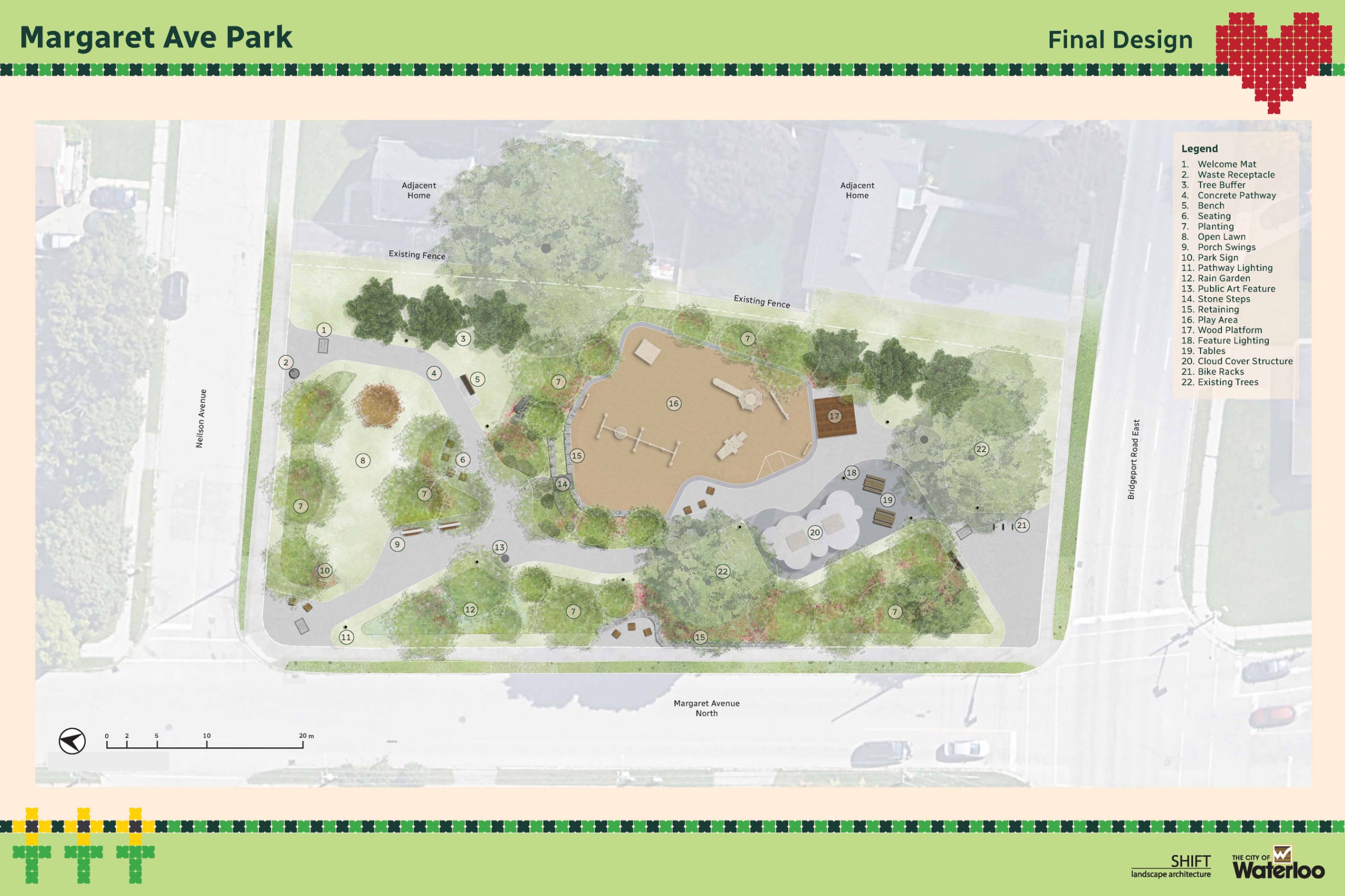 A design concept of the Margaret Ave park, featuring a a centrally located playground, a wood platform, a gathering area with a shade structure and picnic tables, accessible pathways, seating areas, public art opportunities, park lighting, new planting ar