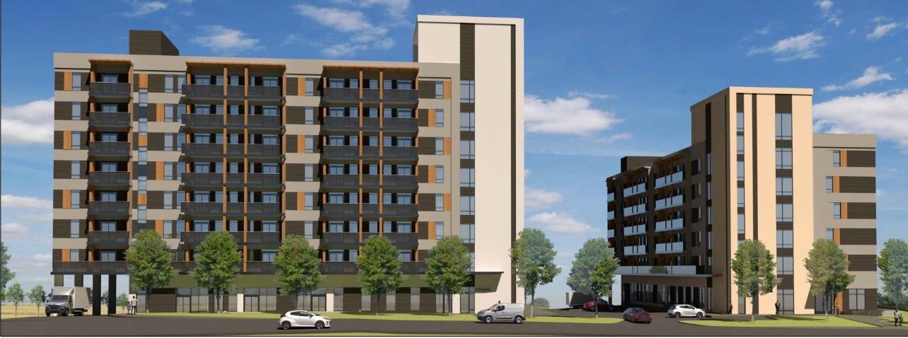 Graphic rendering of two brown apartment buildings of approximately 8 stories