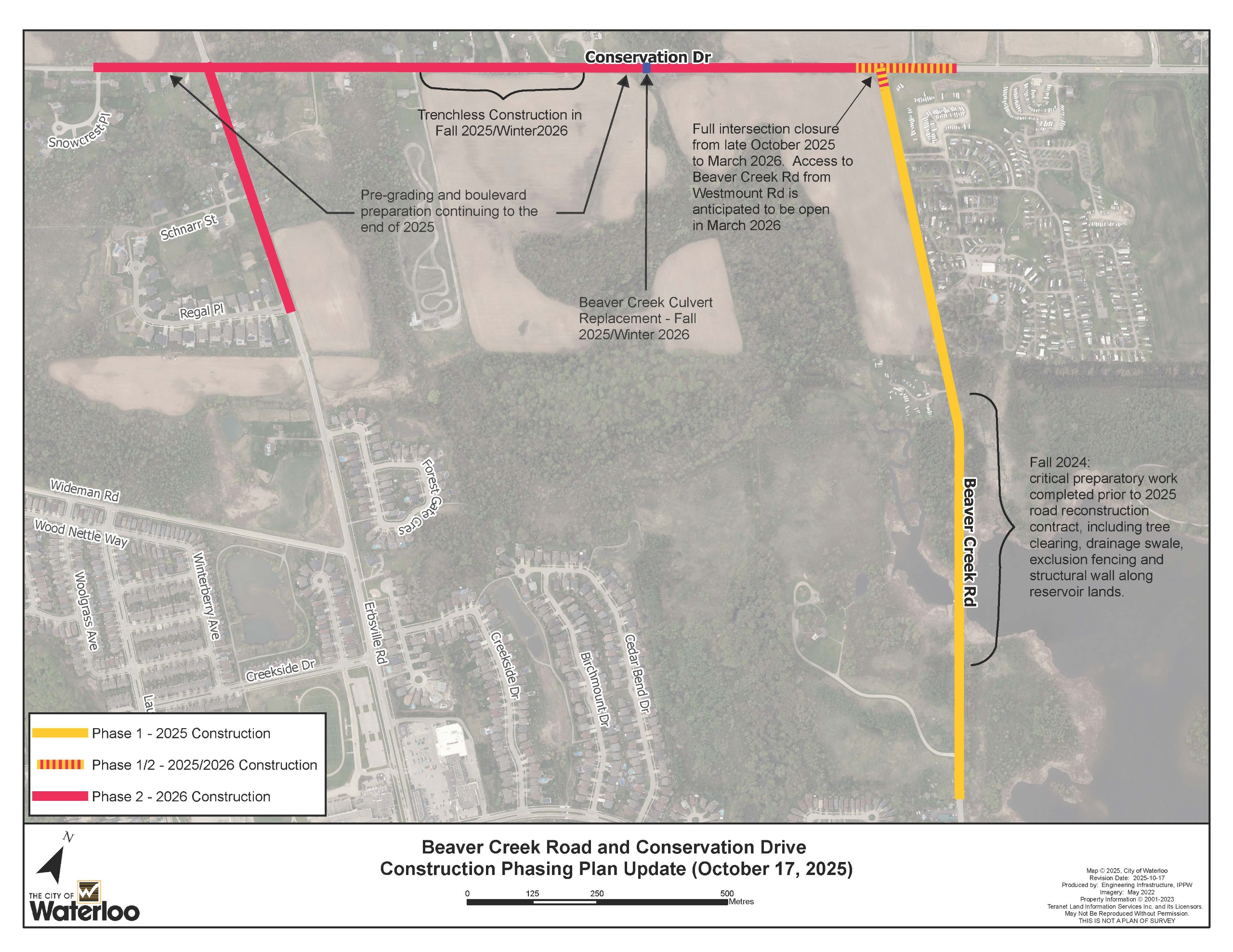 Aerial map of Conservation Drive and Beaver Creek Road, showing pre-grading and boulevard preparations along Conservation drive continuing to the end of 2025. Beaver Creek culvert replacement in Fall/Winter 2025. Full intersection close from Oct 2025 to March 2026. Critical prep work on Beaver Cree Road in Fall 2024. 