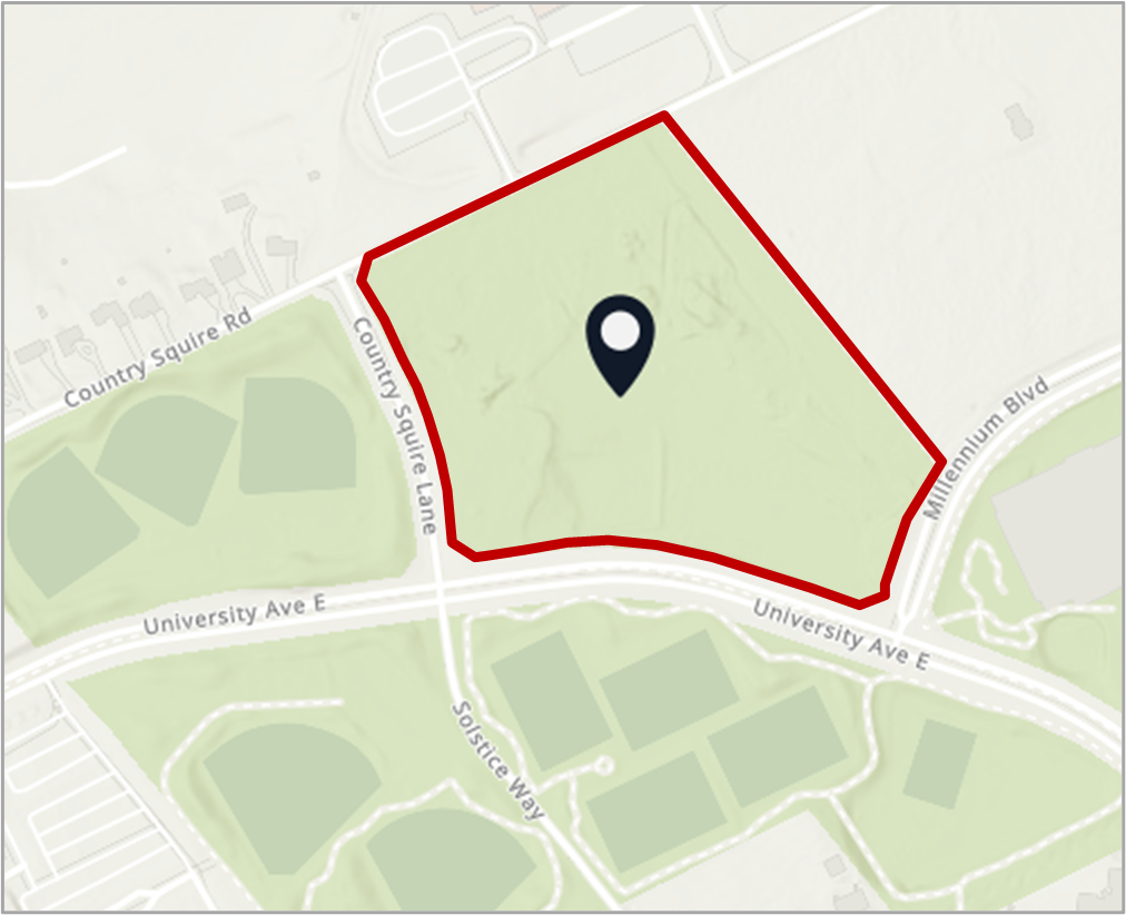 Map of 2025 University Avenue East, bordered by Country Squire Lane to the west and Millenium Boulevard to the east, these lands are just west of RIM Park.