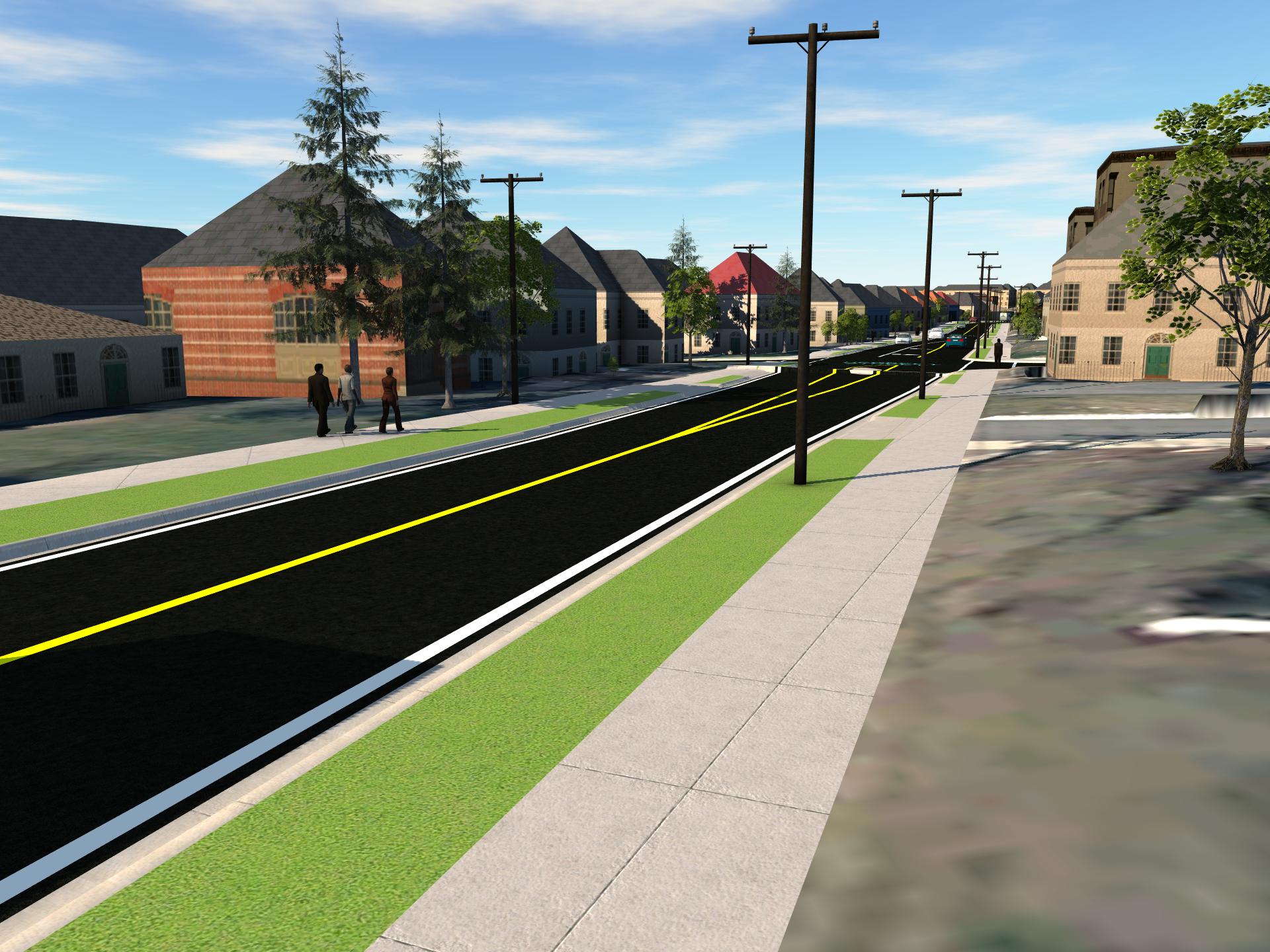 Graphic showing a two-lane road, with grass boulevard and extra wide sidewalk on either side.