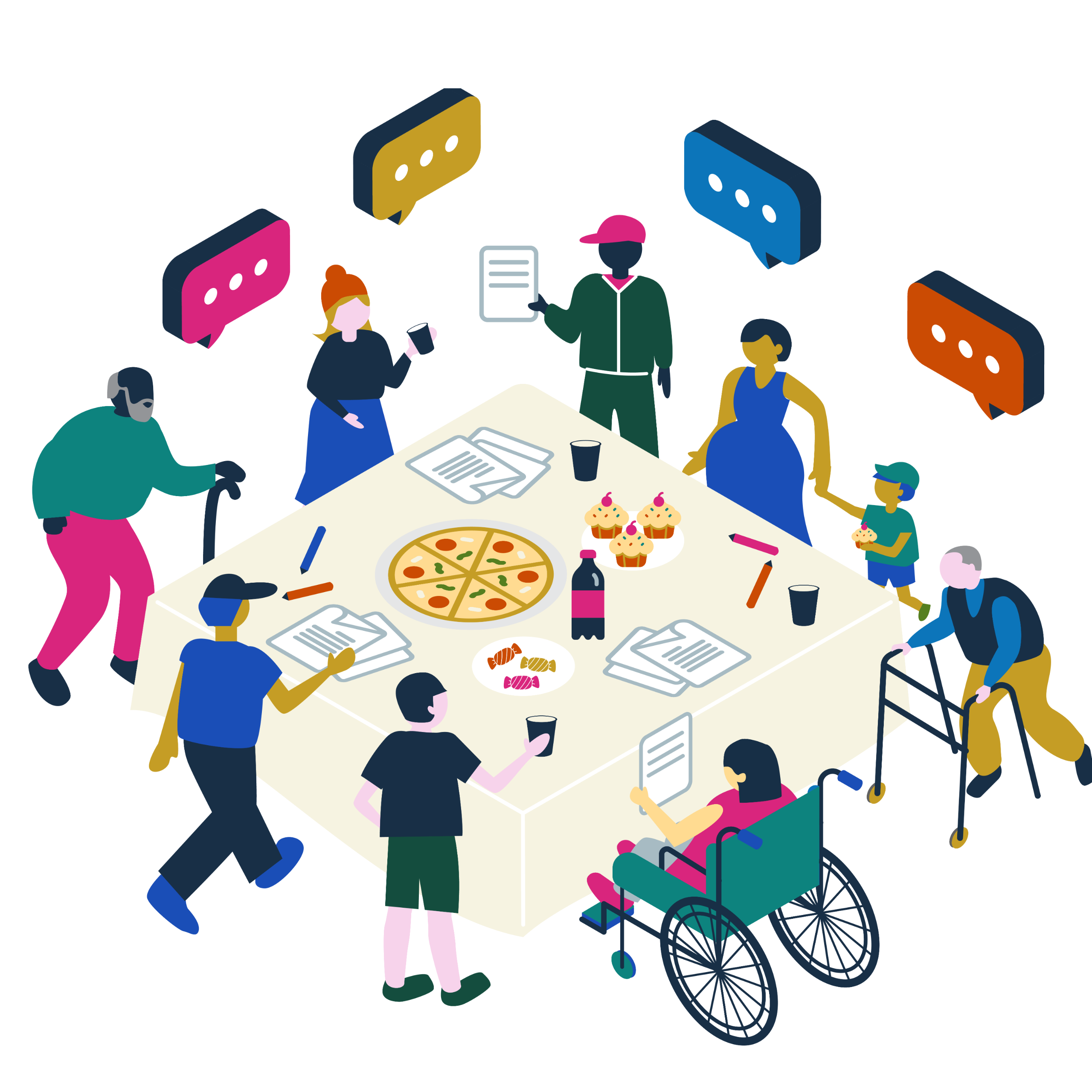 People having a community conversation with pizza