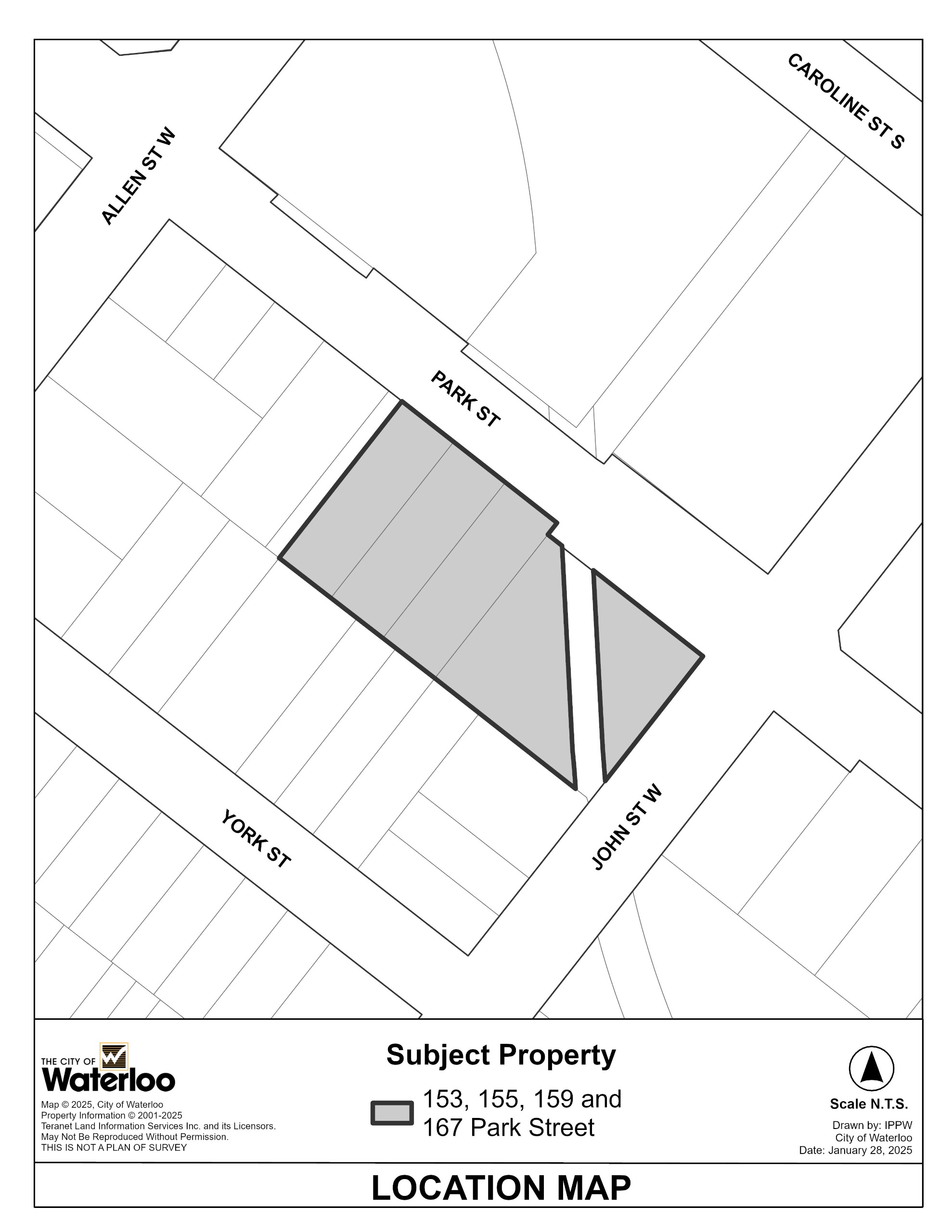 A map of the site location at the corner of Park st and John St