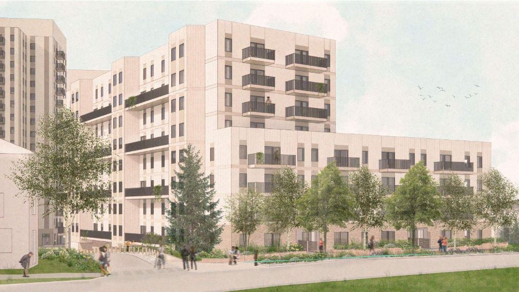 Rendering illustration of the future completed project at Mooregate Crescent. A multi-residential building with several storeys, trees surround the ground floor.