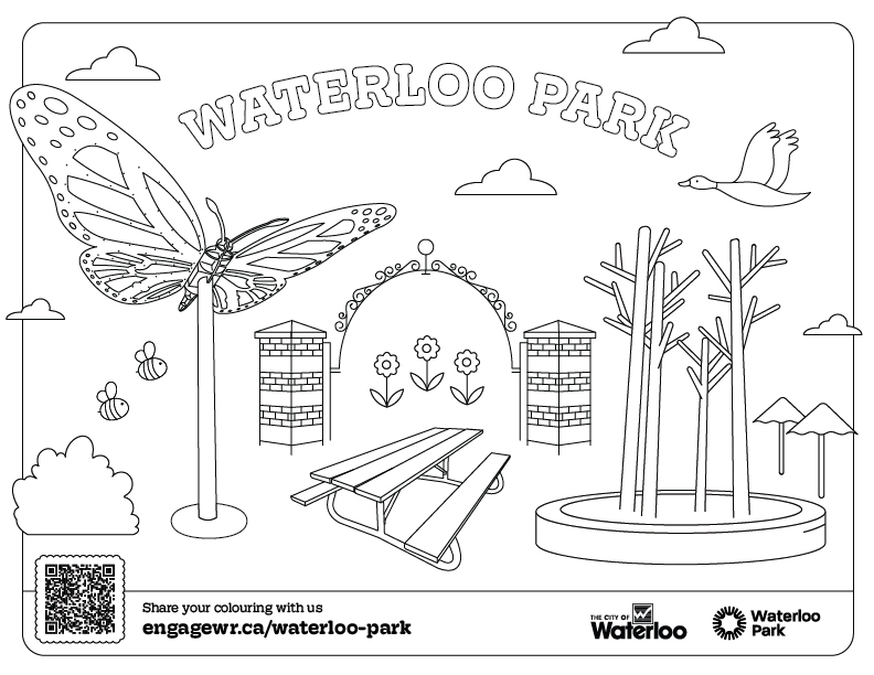 Colouring sheet featuring elements of Waterloo Park