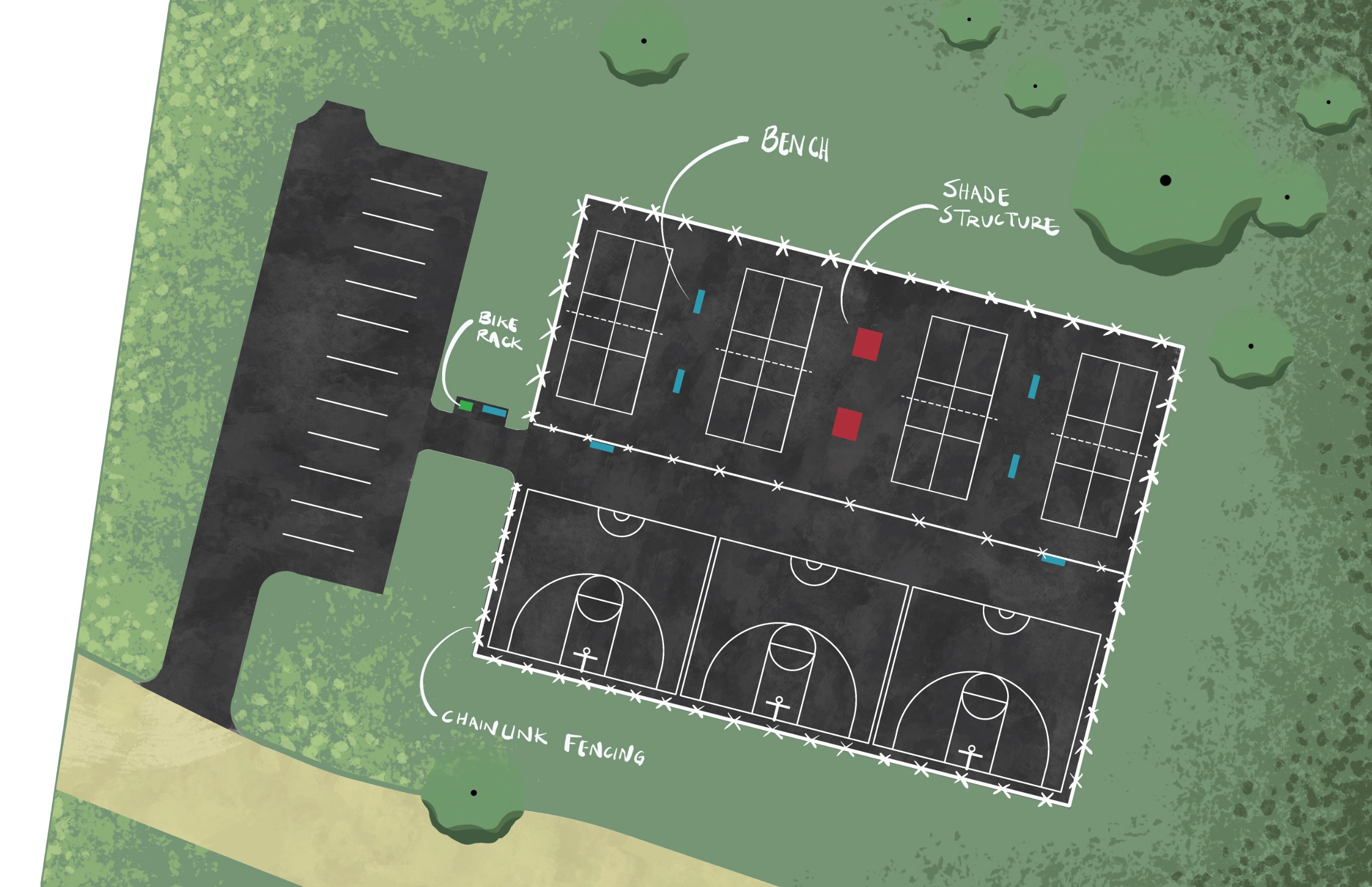 Rendering of draft design concept #1, which includes 4 pickleball courts and 3 half basketball courts, 1 with lowered net for accessibility