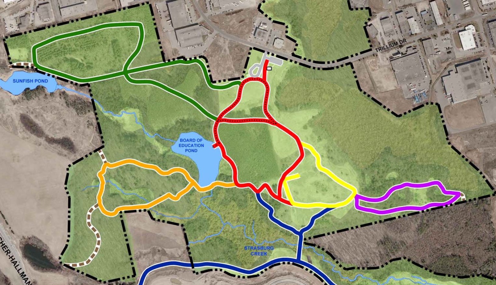 Map of Huron Natural Area and its six marked trails.