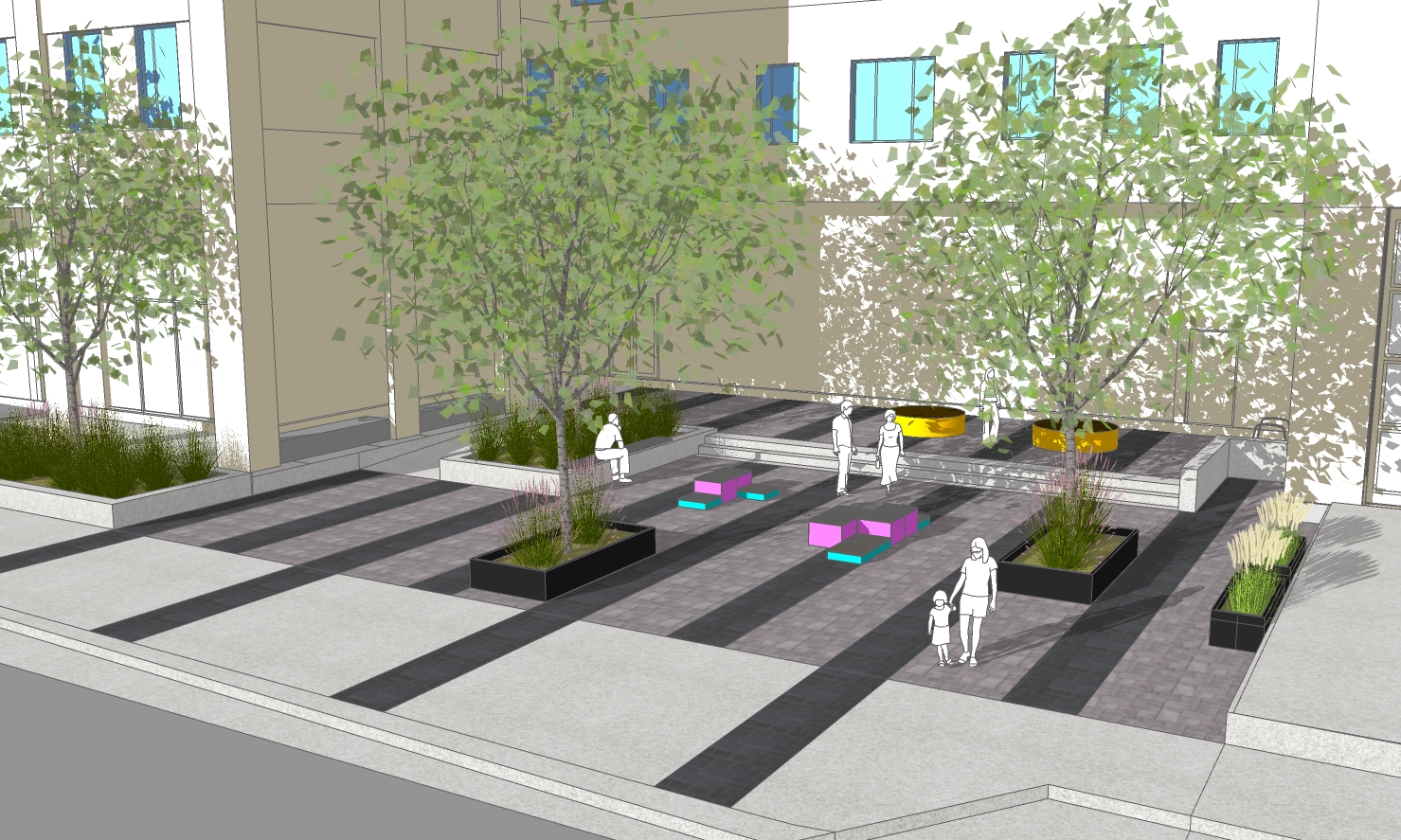 Conceptual rendering of the proposed urban plaza showing mature shade trees, raised planting areas, patterned paving, and a mix of seating options. The plaza includes colourful modular seating, black planters with ornamental grasses, integrated planter seating, and circular seating elements arranged throughout an open gathering space.