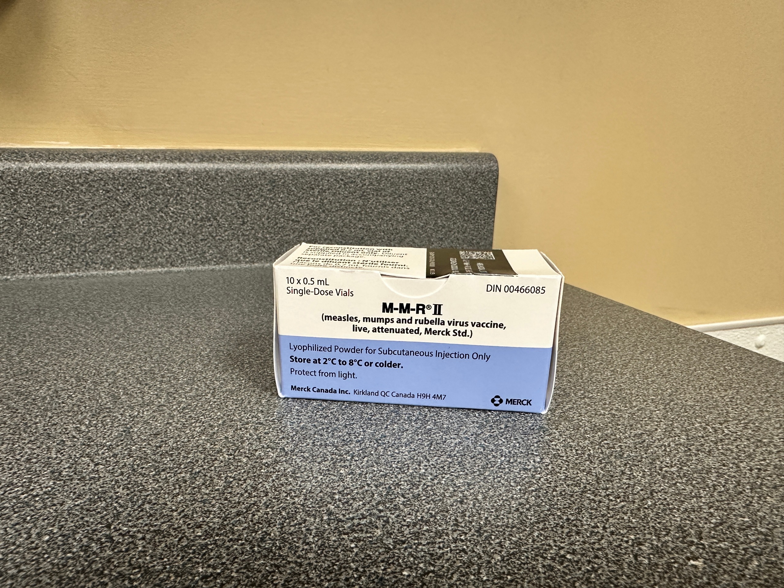 MMR vaccine box on a counter