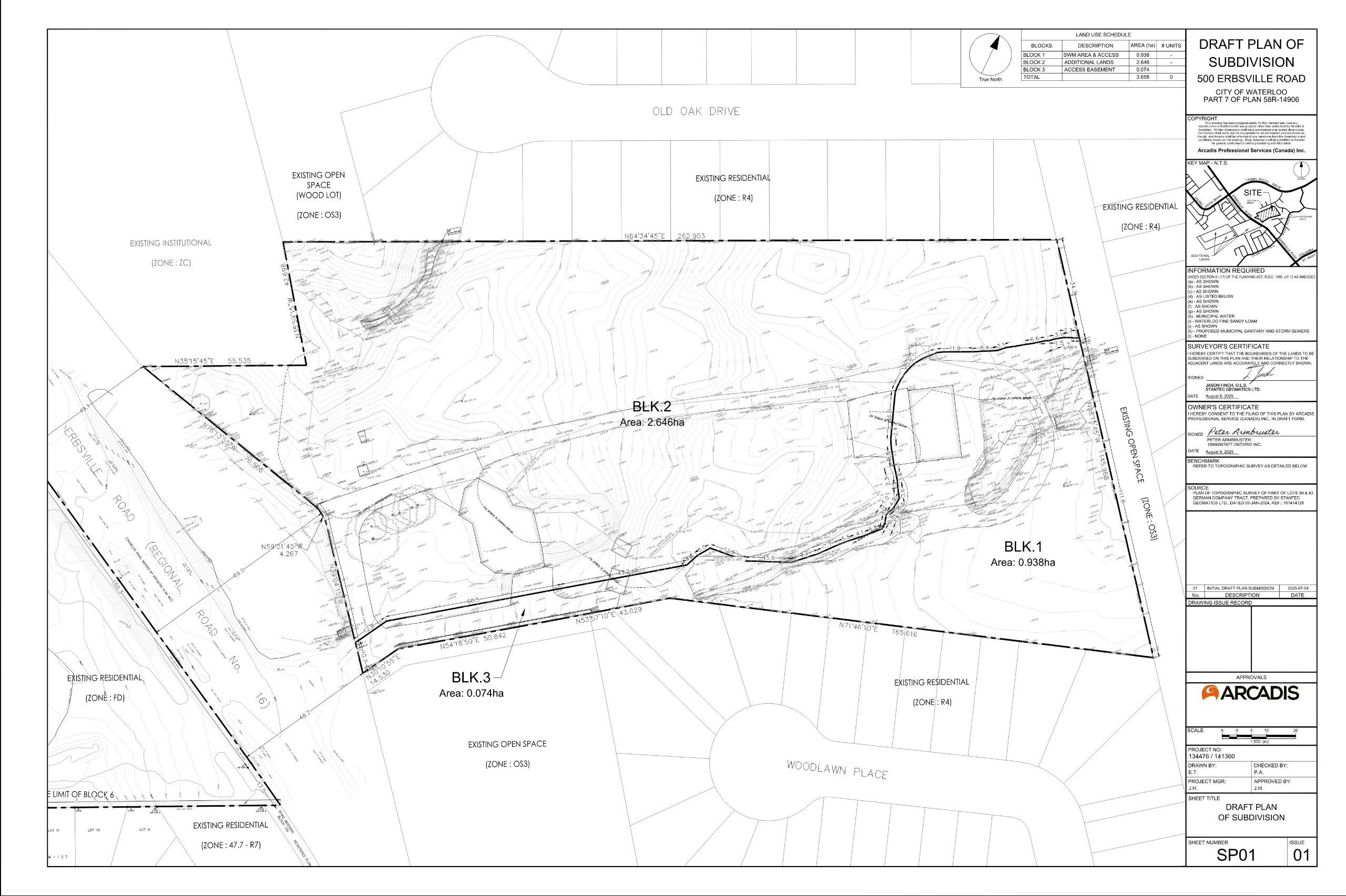 An image of a plan of subdivision with a stormwater management block, an existing residential block and an access block