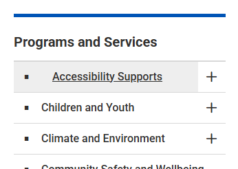 Screenshot of sub navigation menu and 'Accessibility Supports' underlined, indented and with a light grey background.