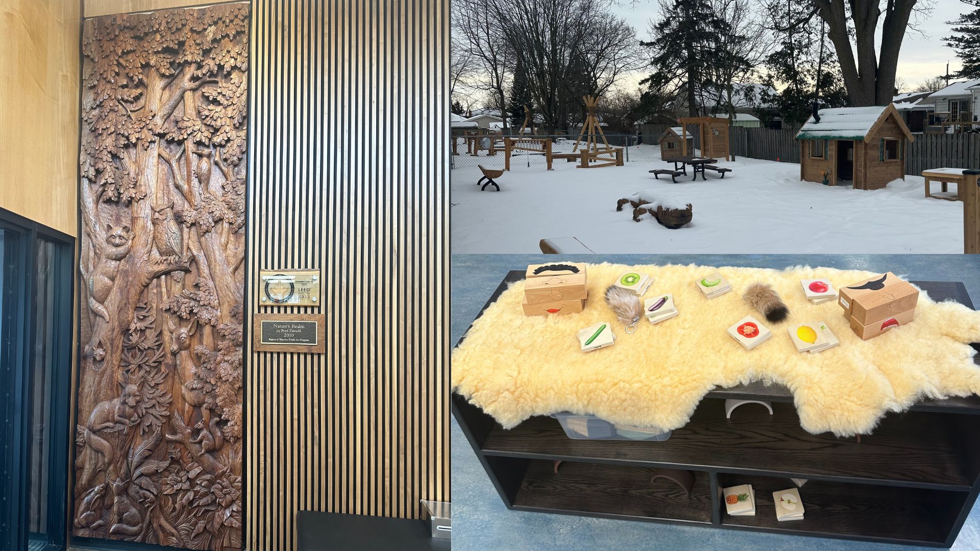 An image of the entrance way of Ga'nigǫhi:yo Indigenous Child Care and Family Centre with animals and trees carved in wood. Also an image of the playground and a fur skin with toys on it.