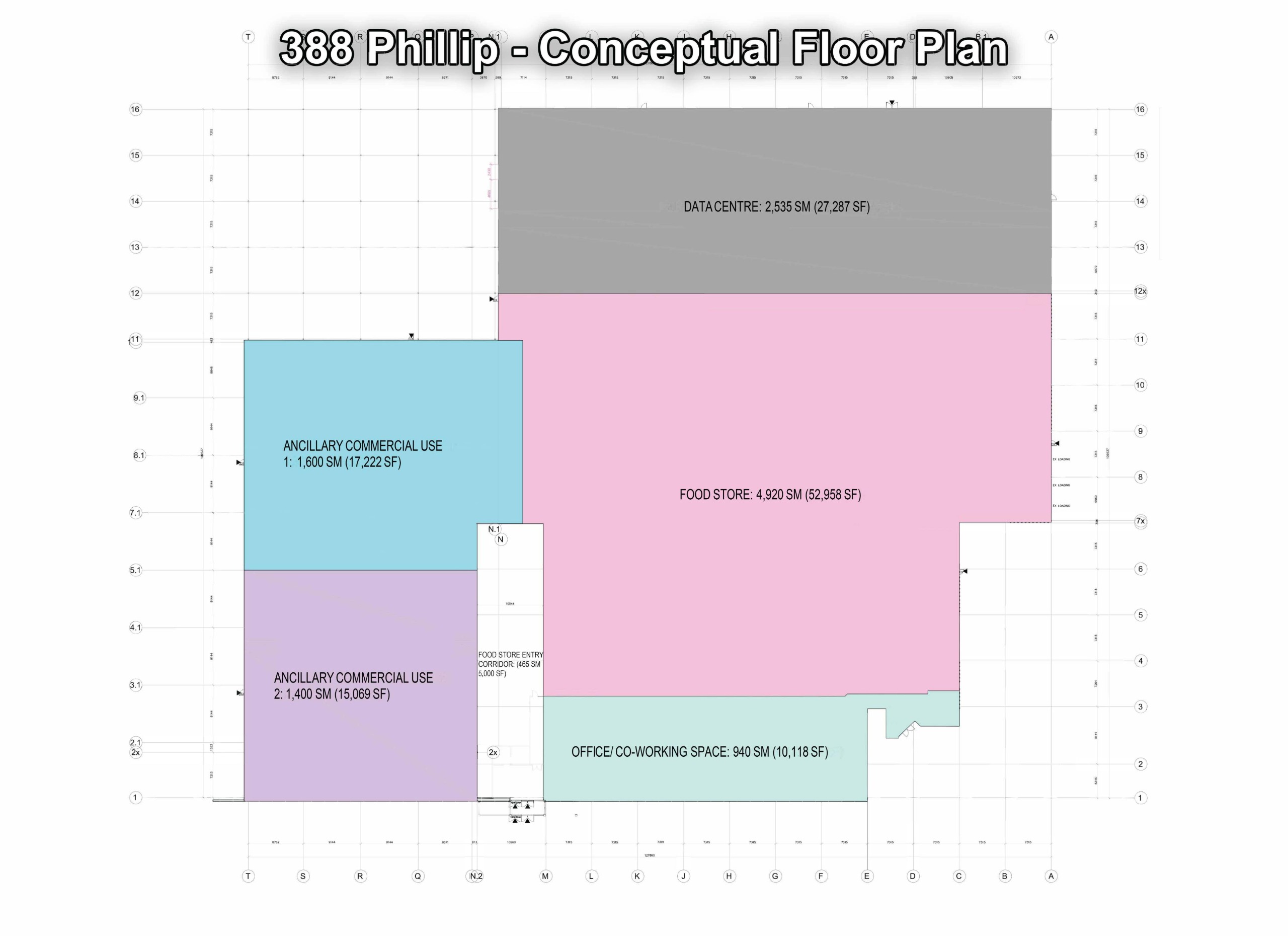 a building floor plan showing ancillary uses, a food store, an office/coworking space, and a data centre
