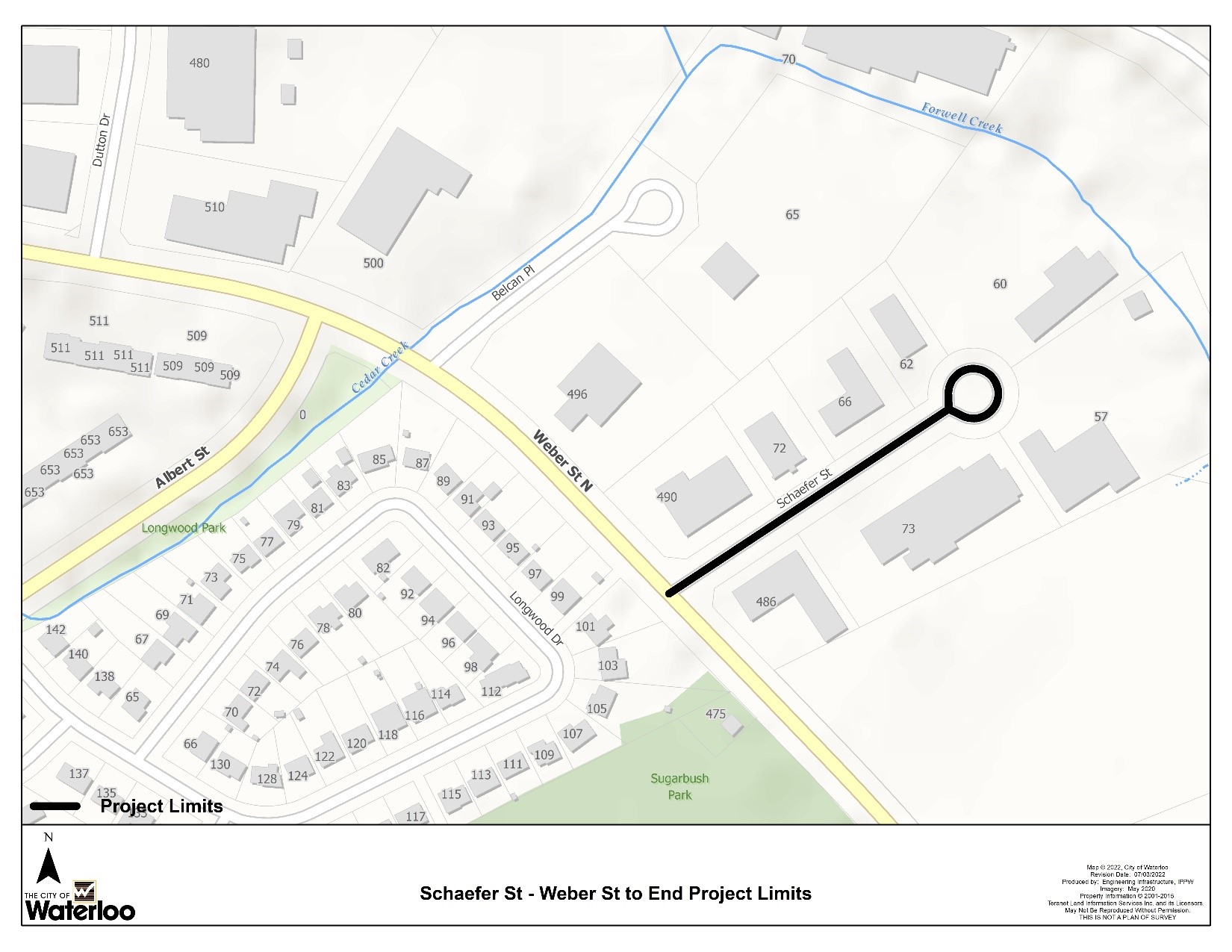 Map indicating the extent of the project area: All of Schaefer Street from Weber Street North to the cul-de-sac.