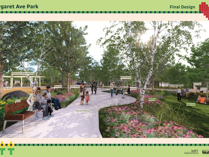 Mock up of Margaret Ave park featuring lighting, planting, gathering spaces, concrete pacing and a shade structure with people enjoying the amenities