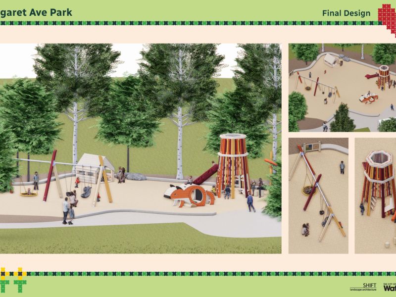 Mockup with Margaret Ave playground featuring swings, slides and play structures within a playground. 