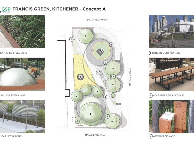 This image shows a detailed landscape plan for Concept A, including labeled features and a legend. 